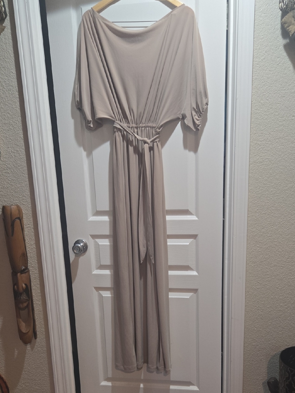 Neutral Taupe Batwing Maxi Dress with Waist Tie
